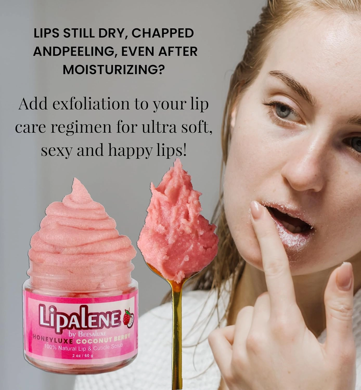 Lipalene HoneyLuxe - 100% Natural Lip & Cuticle Scrub (2 oz, Coconut Berry)
