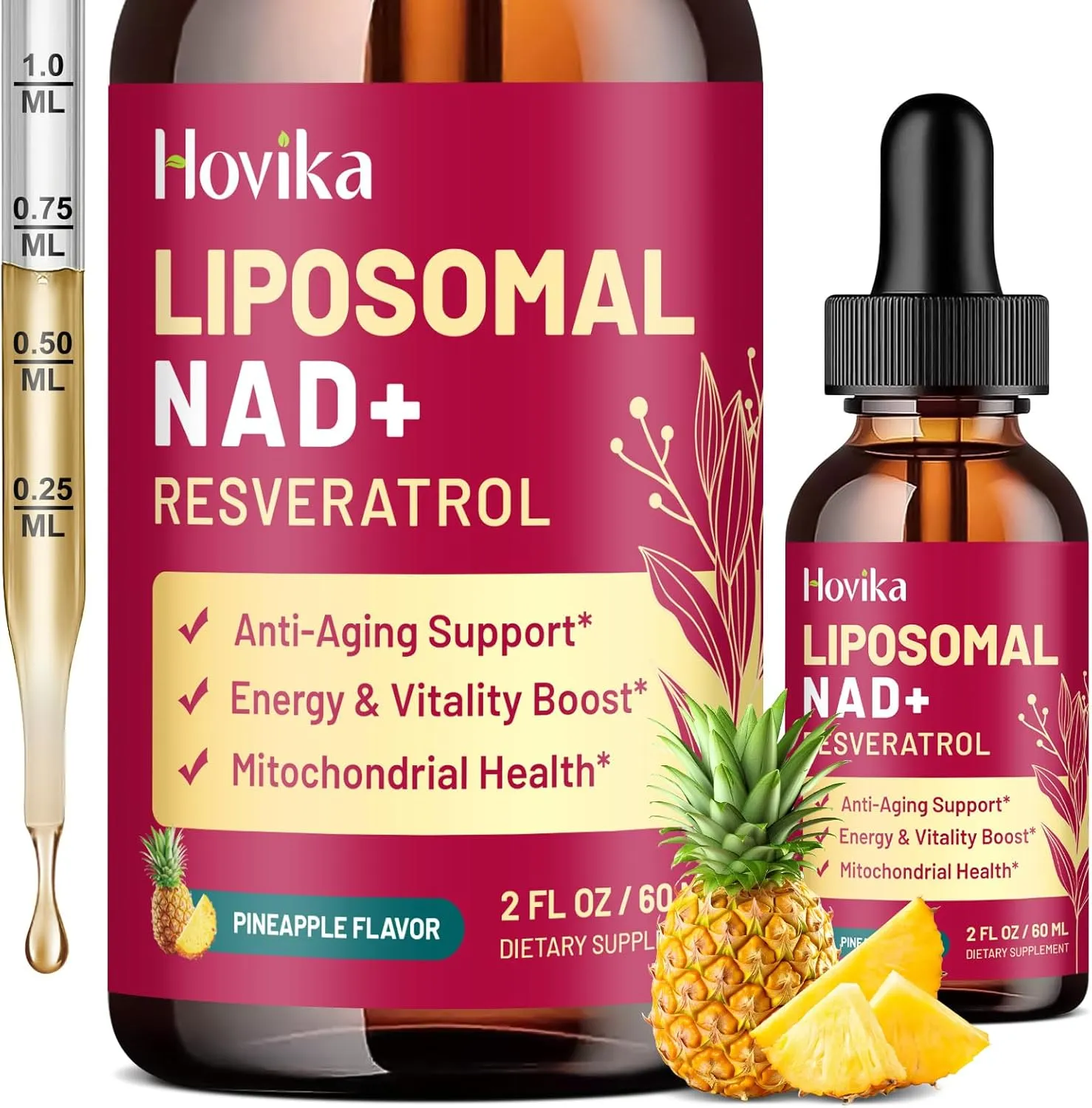 Liposomal NAD Supplement - 1200mg NAD  Liquid Drops for Women & Men with Resveratrol, Black Pepper Extract - Support Anti-Aging, Brain & Cellular Mitochondrial Health - 2 Fl Oz, Pineapple Flavor