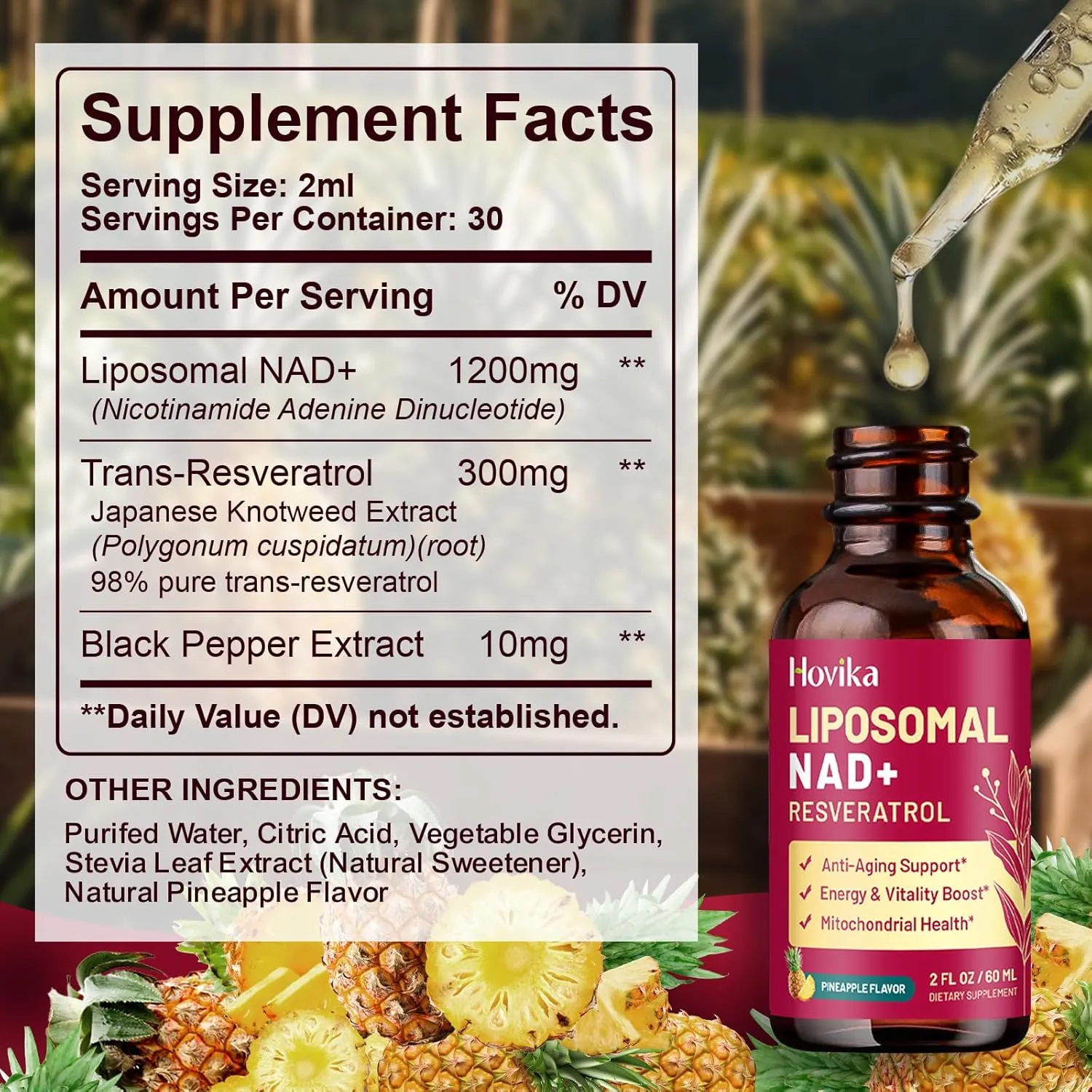 Liposomal NAD Supplement - 1200mg NAD  Liquid Drops for Women & Men with Resveratrol, Black Pepper Extract - Support Anti-Aging, Brain & Cellular Mitochondrial Health - 2 Fl Oz, Pineapple Flavor