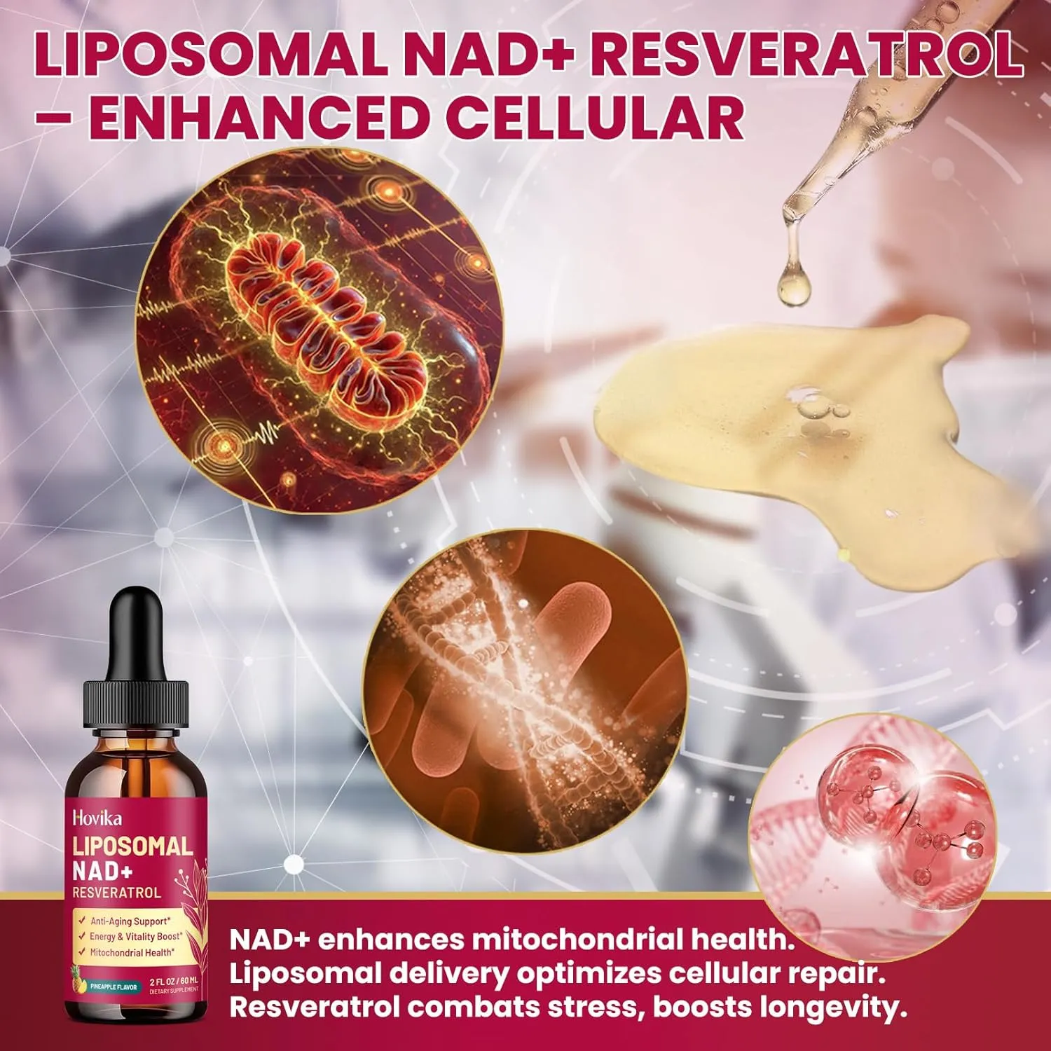 Liposomal NAD Supplement - 1200mg NAD  Liquid Drops for Women & Men with Resveratrol, Black Pepper Extract - Support Anti-Aging, Brain & Cellular Mitochondrial Health - 2 Fl Oz, Pineapple Flavor