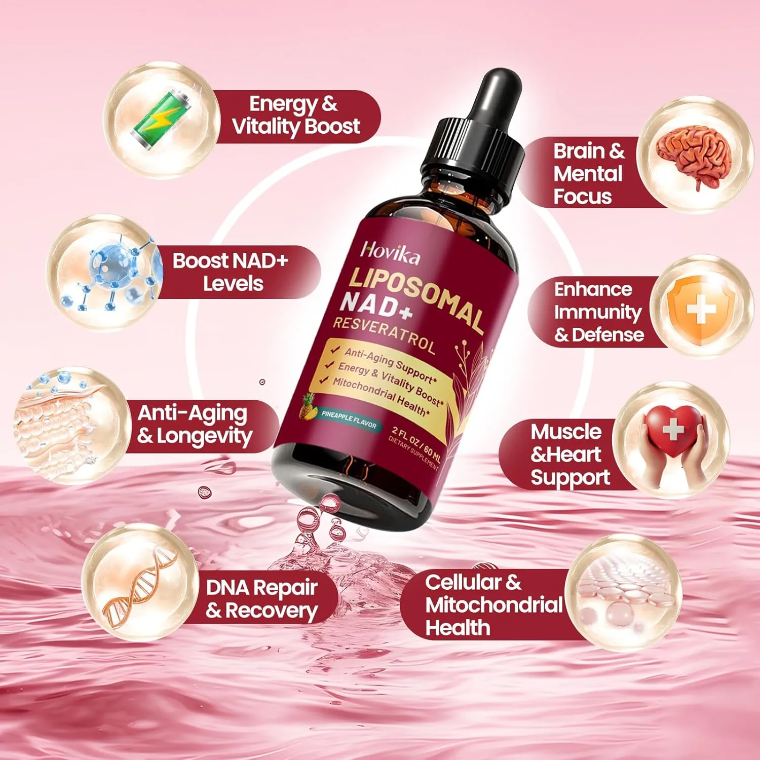 Liposomal NAD Supplement - 1200mg NAD  Liquid Drops for Women & Men with Resveratrol, Black Pepper Extract - Support Anti-Aging, Brain & Cellular Mitochondrial Health - 2 Fl Oz, Pineapple Flavor