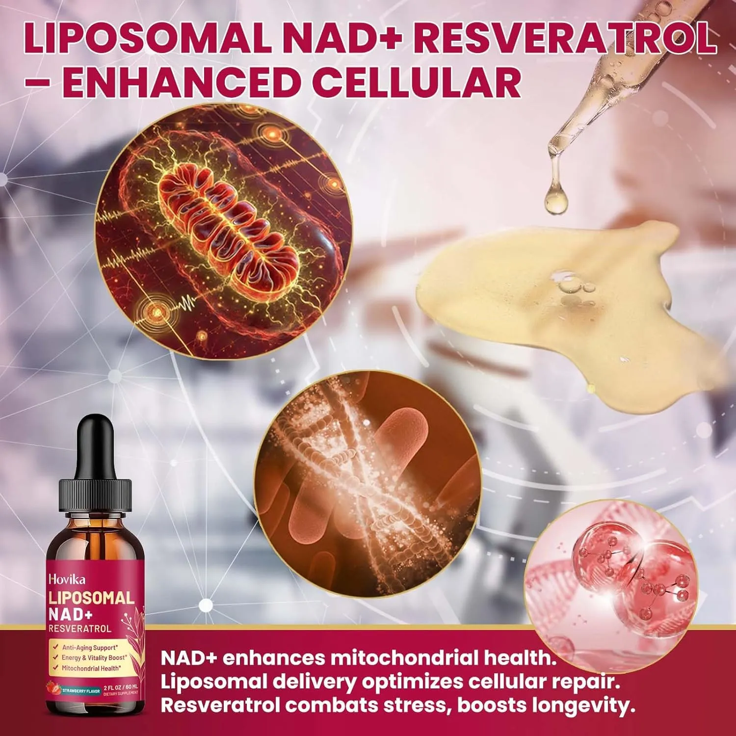 Liposomal NAD Supplement - 1200mg NAD  Liquid Drops for Women & Men with Resveratrol, Black Pepper Extract - Support Anti-Aging, Brain & Cellular Mitochondrial Health - 2 Fl Oz, Strawberry Flavor