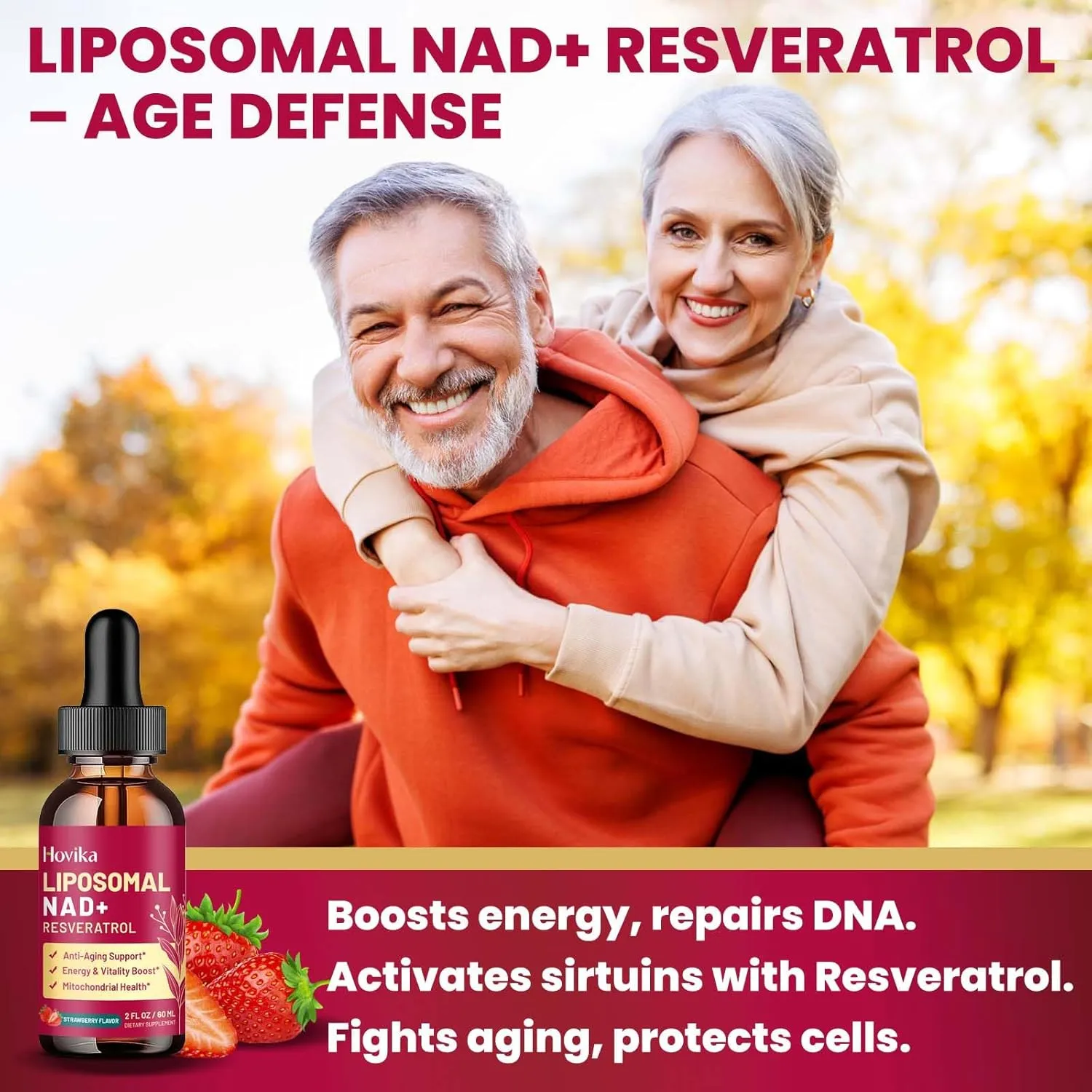 Liposomal NAD Supplement - 1200mg NAD  Liquid Drops for Women & Men with Resveratrol, Black Pepper Extract - Support Anti-Aging, Brain & Cellular Mitochondrial Health - 2 Fl Oz, Strawberry Flavor