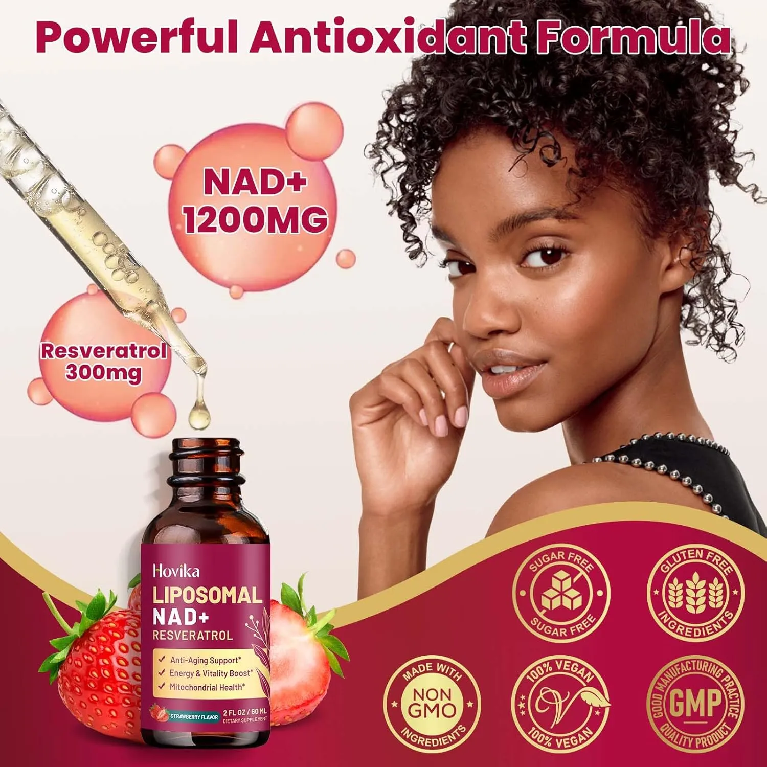 Liposomal NAD Supplement - 1200mg NAD  Liquid Drops for Women & Men with Resveratrol, Black Pepper Extract - Support Anti-Aging, Brain & Cellular Mitochondrial Health - 2 Fl Oz, Strawberry Flavor