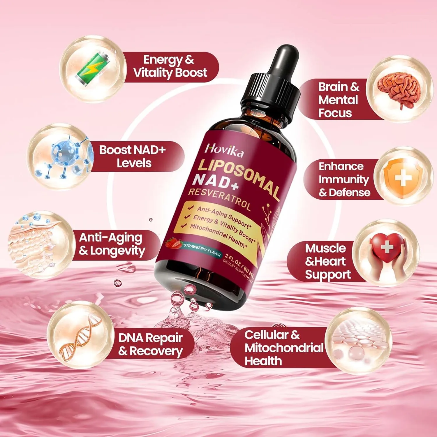 Liposomal NAD Supplement - 1200mg NAD  Liquid Drops for Women & Men with Resveratrol, Black Pepper Extract - Support Anti-Aging, Brain & Cellular Mitochondrial Health - 2 Fl Oz, Strawberry Flavor