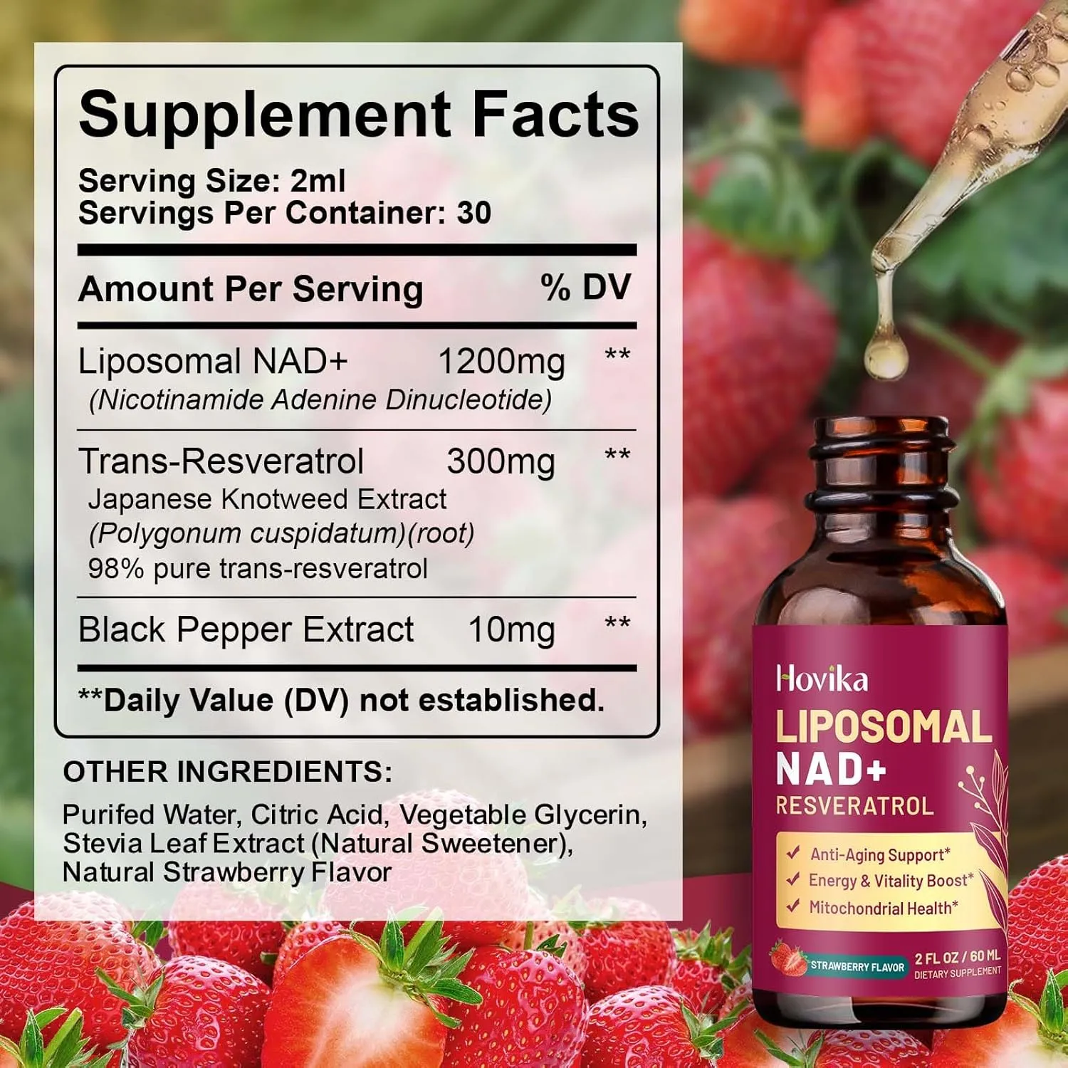 Liposomal NAD Supplement - 1200mg NAD  Liquid Drops for Women & Men with Resveratrol, Black Pepper Extract - Support Anti-Aging, Brain & Cellular Mitochondrial Health - 2 Fl Oz, Strawberry Flavor