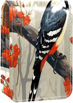 Lipstick Case Woodpecker Bird on Red Berries Branch Prints Mini Lipstick Holder Organizer Bag With Mirror for Purse Travel Cosmetic Pouch