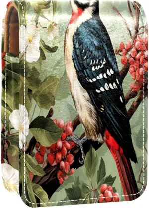 Lipstick Case Woodpecker Bird on Red Berries Branch Prints Mini Lipstick Holder Organizer Bag With Mirror for Purse Travel Cosmetic Pouch