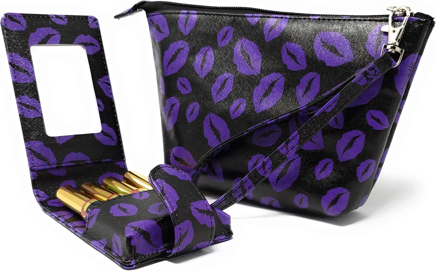 Lipstick Wristlet & Pouch case Set Carrying Purse Clutch Detachable Travel Tester Bag for Lipsense storage 16 Elastic Loops⎜Kylie Liquid Lipstick and Lip Gloss Tubes (Purple Lips)