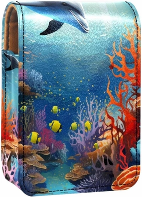 Lipstick Case,Leather Lip Gloss Lipstick Organizer with Mirror,Mini Lipstick Holder Bag,Dolphins Fish Ocean Coral