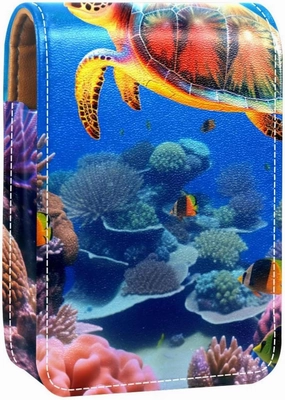 Lipstick Case,Leather Lip Gloss Lipstick Organizer with Mirror,Mini Lipstick Holder Bag,Fish Coral Ocean