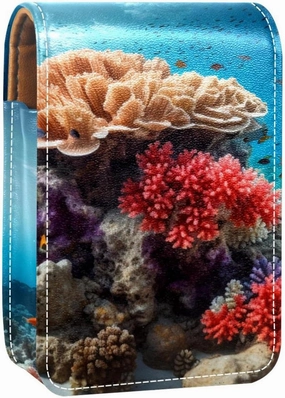 Lipstick Case,Leather Lip Gloss Lipstick Organizer with Mirror,Mini Lipstick Holder Bag,Sea Stone Coral Fish Ocean