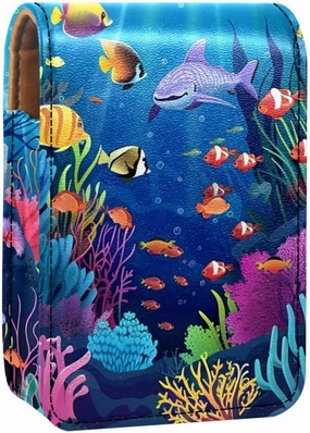 Lipstick Case,Leather Lip Gloss Lipstick Organizer with Mirror,Mini Lipstick Holder Bag,Undersea Fish Coral Ocean