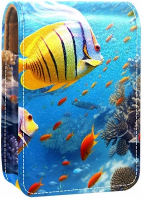 Lipstick Case,Leather Lip Gloss Lipstick Organizer with Mirror,Mini Lipstick Holder Bag,Underwater Coral Tropical Fish