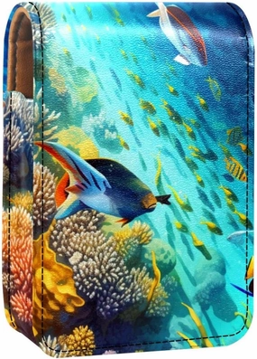 Lipstick Case,Leather Lip Gloss Lipstick Organizer with Mirror,Mini Lipstick Holder Bag,Underwater Coral Tropical Fish
