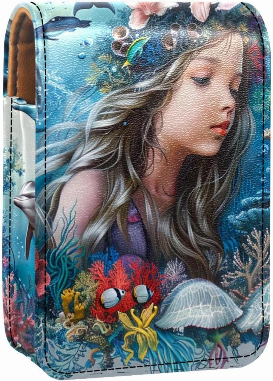 Lipstick Case,Portable Makeup Bag Cosmetic Pouch,Lipstick Holder Makeup Organizer,Dolphin Mermaid Undersea Coral