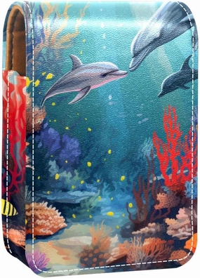 Lipstick Case,Portable Makeup Bag Cosmetic Pouch,Lipstick Holder Makeup Organizer,Dolphins Fish Ocean Coral