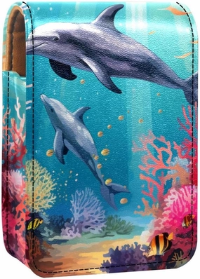 Lipstick Case,Portable Makeup Bag Cosmetic Pouch,Lipstick Holder Makeup Organizer,Dolphins Fish Ocean Coral