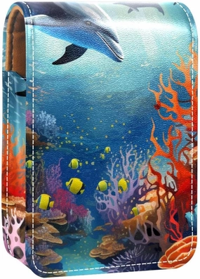 Lipstick Case,Portable Makeup Bag Cosmetic Pouch,Lipstick Holder Makeup Organizer,Dolphins Fish Ocean Coral