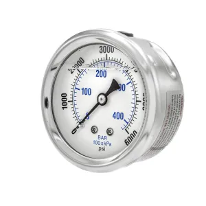 Liquid Filled Center Back Mount Pressure Gauge with 2.5" Dial, 0-6000 PSI, 1/4" Male NPT Connection, Stainless Steel CASE and Bezel (1)