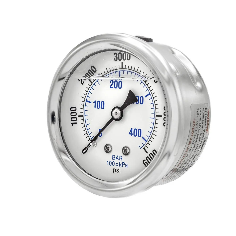Liquid Filled Center Back Mount Pressure Gauge with 2.5" Dial, 0-6000 PSI, 1/4" Male NPT Connection, Stainless Steel CASE and Bezel (1)