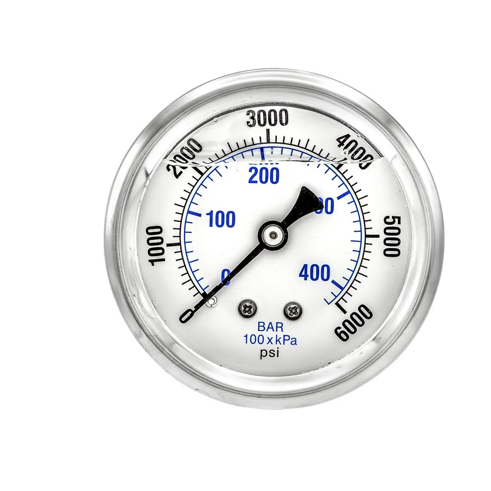Liquid Filled Center Back Mount Pressure Gauge with 2.5" Dial, 0-6000 PSI, 1/4" Male NPT Connection, Stainless Steel CASE and Bezel (1)