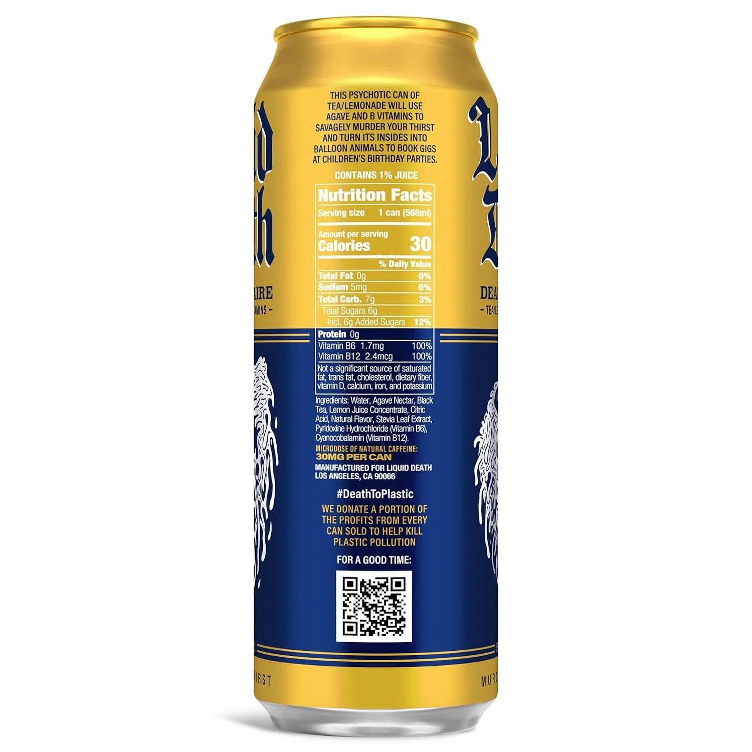 Liquid Death, Dead Billionaire Iced Tea, 8-Pack (19.2oz Cans), Half Lemonade Half Black Tea, Low Calorie, No Artificial Sweeteners, B12 & B6 Vitamins