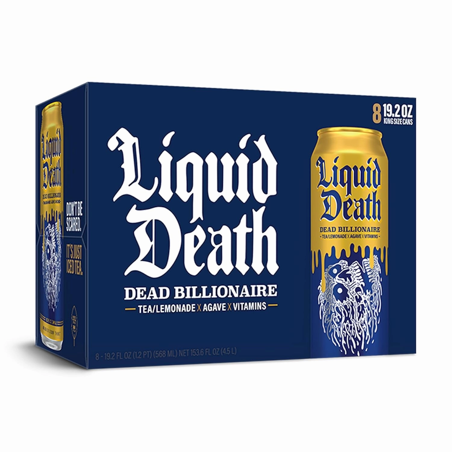 Liquid Death, Dead Billionaire Iced Tea, 8-Pack (19.2oz Cans), Half Lemonade Half Black Tea, Low Calorie, No Artificial Sweeteners, B12 & B6 Vitamins