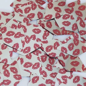 Long Diamond Sequin 1.75" Red Lips Kiss Lipstick Print Silver Metallic Paillette