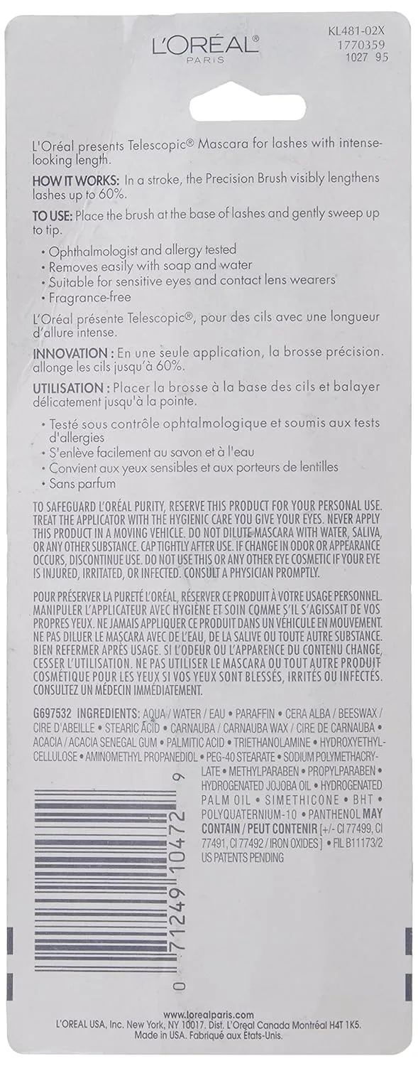 L'Oreal Paris Telescopic Mascara, Black [905] 0.27 oz (Pack of 2)