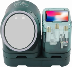 LOYALHEARTDY Makeup Organizer with 360-degree Rotating Mirror Cosmetic Display Case with LED Fan Drawers,Skincare Storage for Vanity Countertop Bathroom Bedroom, Green