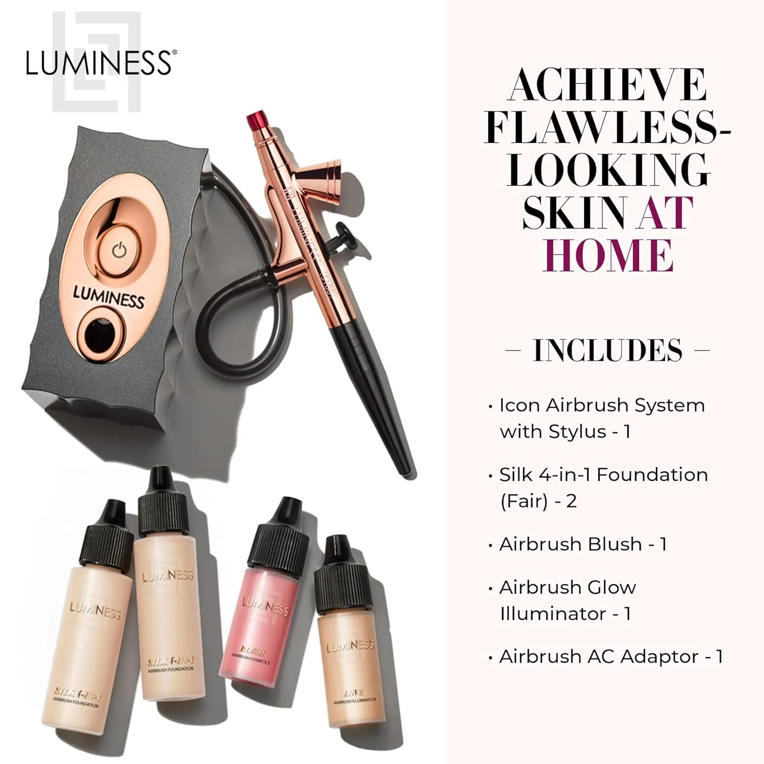 Luminess Air Icon Makeup Airbrush System and 4-Piece Foundation Starter Kit, Fair Coverage - Quick, Easy & Long Lasting Application - Includes Silk 4-In-1 Foundation, Highlighter & Blush