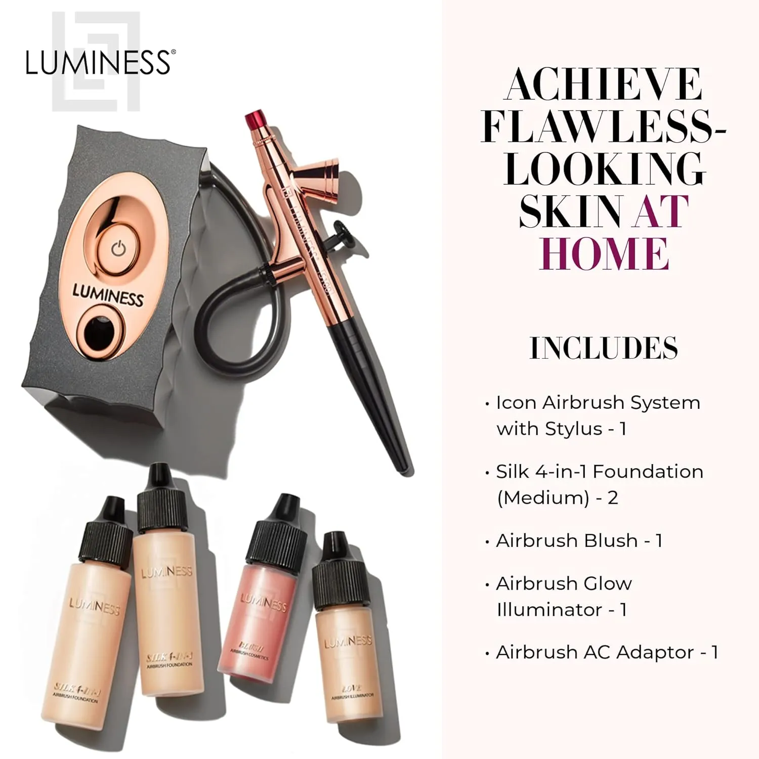 Luminess Air Icon Makeup Airbrush System and 4-Piece Foundation Starter Kit, Medium Coverage - Quick, Easy & Long Lasting Application - Includes Silk 4-In-1 Foundation, Highlighter & Blush