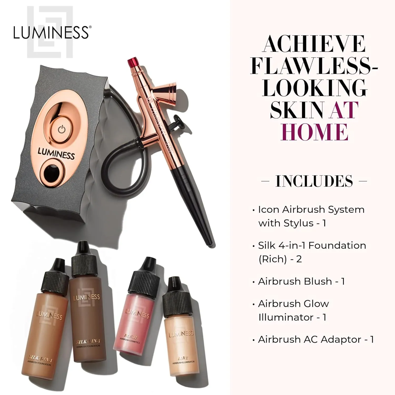 Luminess Air Icon Makeup Airbrush System and 4-Piece Foundation Starter Kit, Rich Coverage - Quick, Easy & Long Lasting Application - Includes Silk 4-In-1 Foundation, Highlighter & Blush