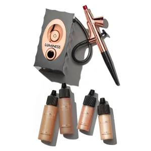 Luminess Air Icon Makeup Airbrush System and 4-Piece Foundation Starter Kit, Tan Coverage - Quick, Easy & Long Lasting Application - Includes Silk 4-In-1 Foundation, Highlighter & Blush