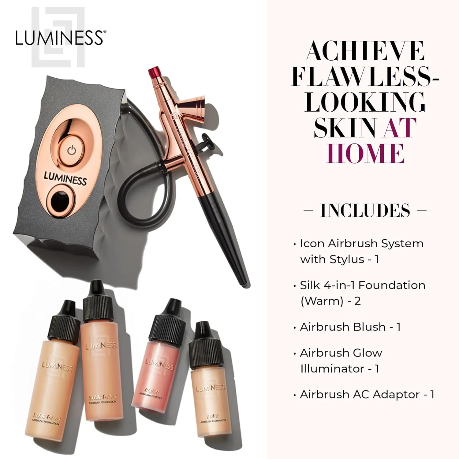 Luminess Air Icon Makeup Airbrush System and 4-Piece Foundation Starter Kit, Warm Coverage - Quick, Easy & Long Lasting Application - Includes Silk 4-In-1 Foundation, Highlighter & Blush