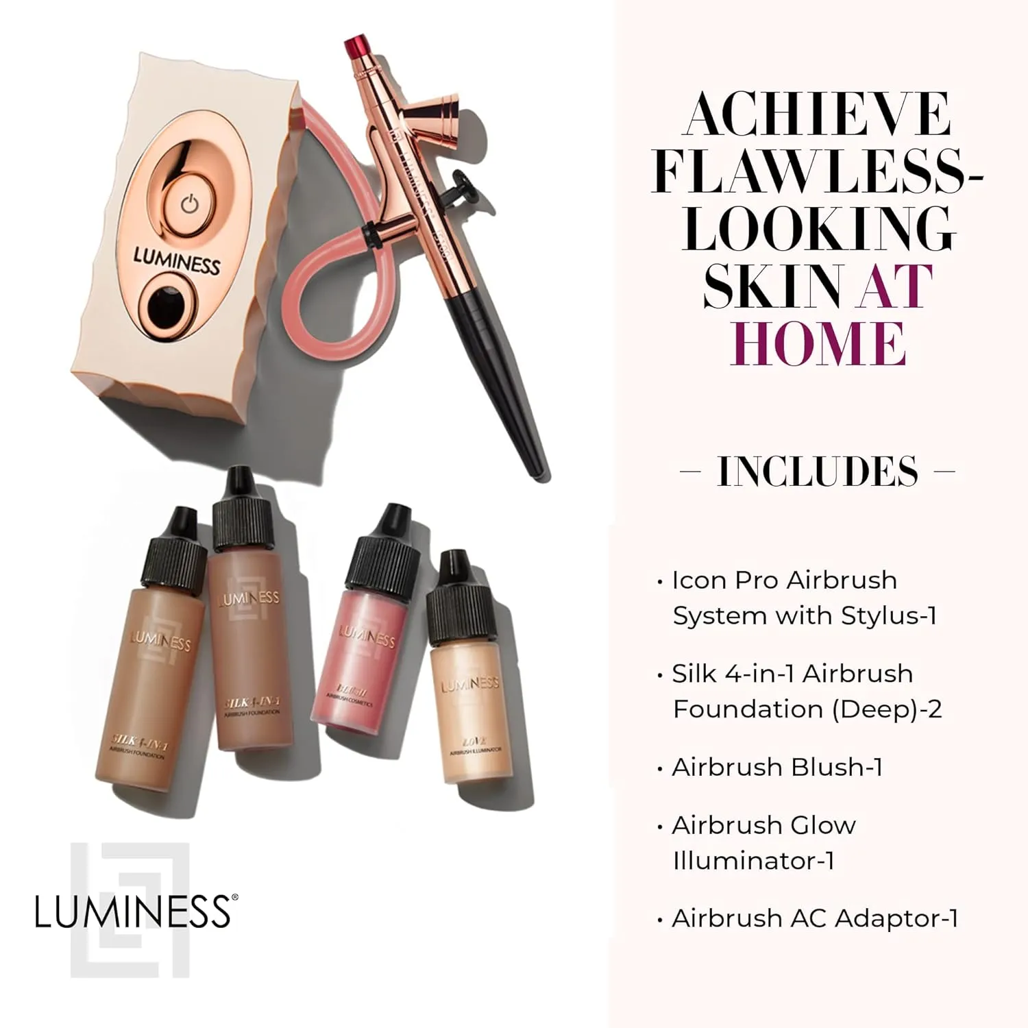 Luminess Air Icon Pro Airbrush System with 4-Piece Foundation Starter Kit, Deep Coverage - Quick, Easy & Long Lasting Application - Includes Silk 4-In-1 Foundation, Highlighter and Blush