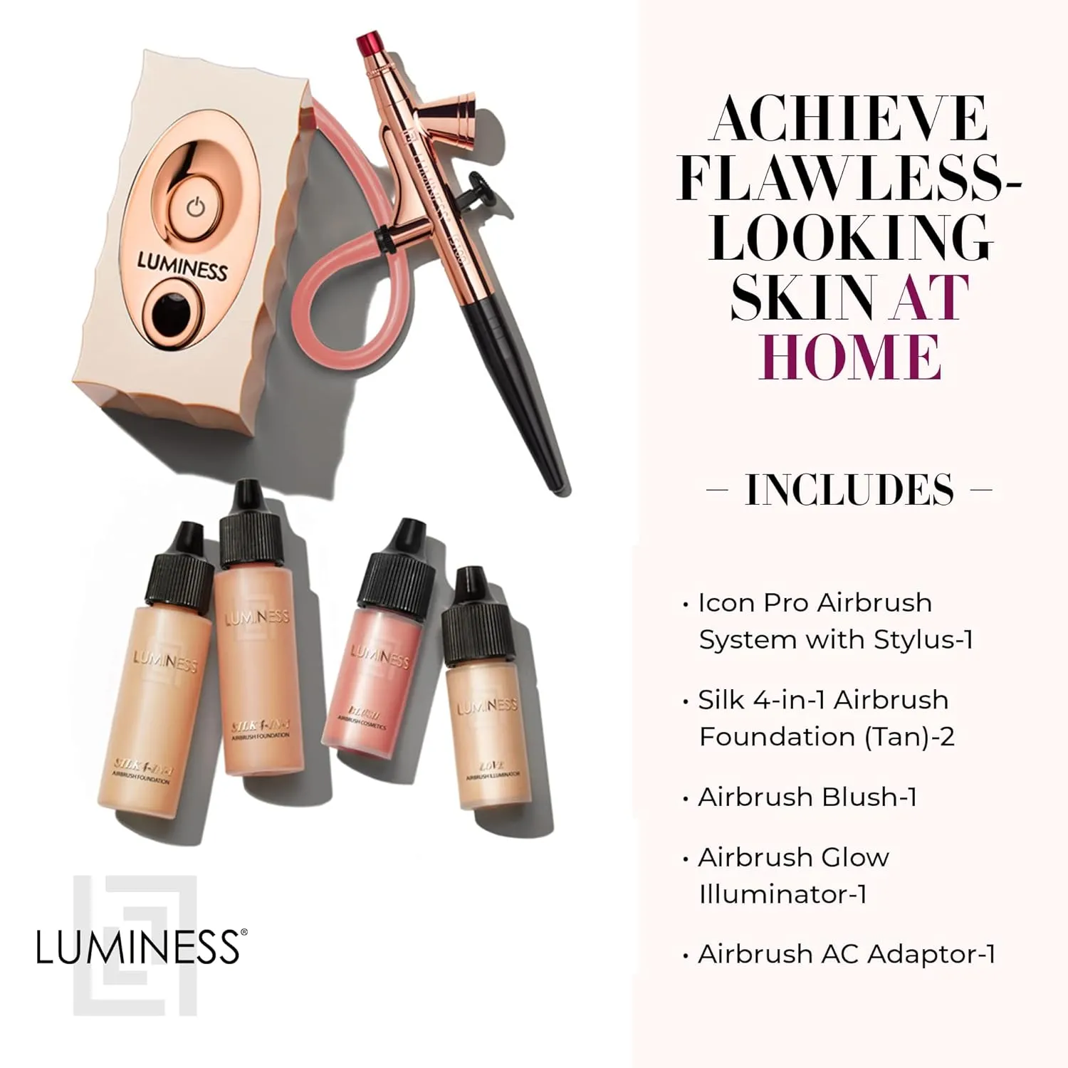 Luminess Air Icon Pro Airbrush System with 4-Piece Foundation Starter Kit, Warm Coverage - Quick, Easy & Long Lasting Application - Includes Silk 4-In-1 Foundation, Highlighter and Blush