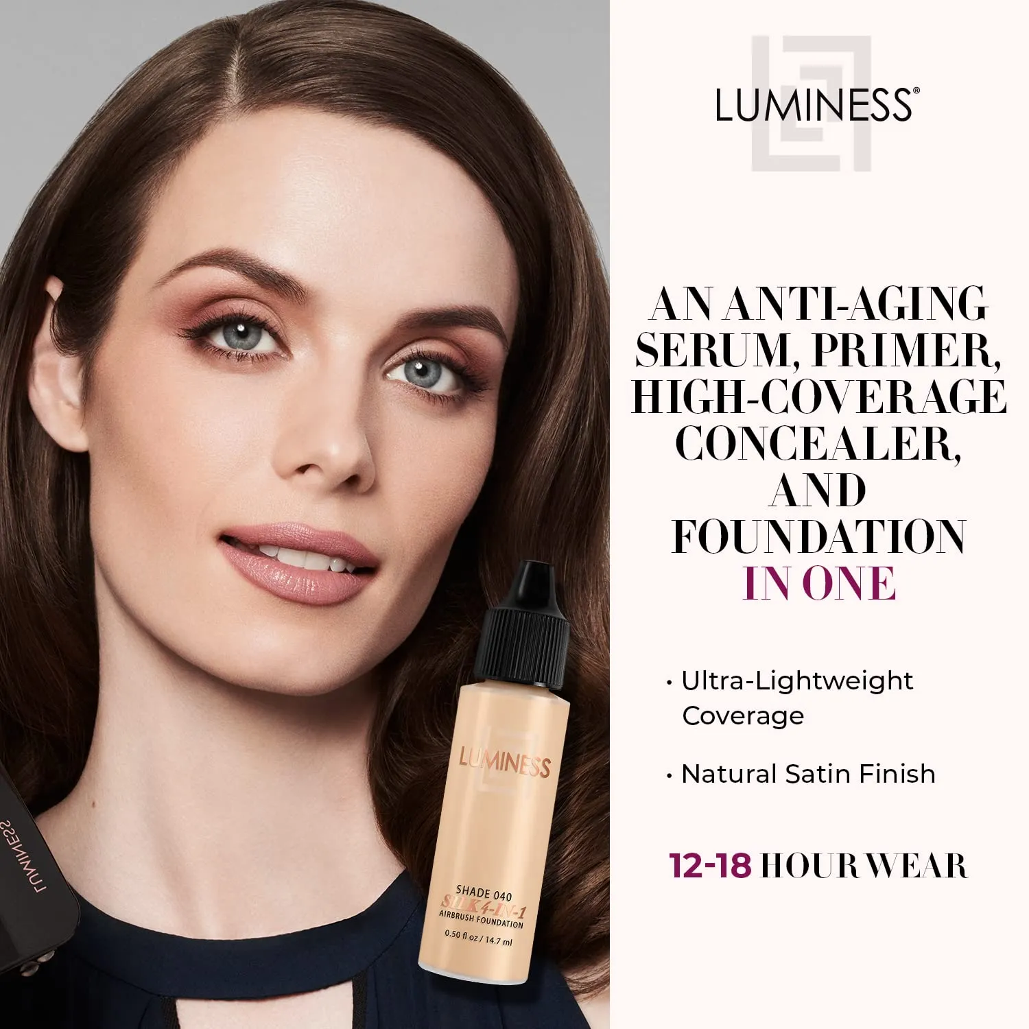 Luminess Air Silk 4-In-1 Airbrush Foundation- Foundation, Shade 040 (.5 Fl Oz) - Sheer to Medium Coverage - Anti-Aging Formula Hydrates and Moisturizes - Professional Makeup Kit for Cordless Air Brush