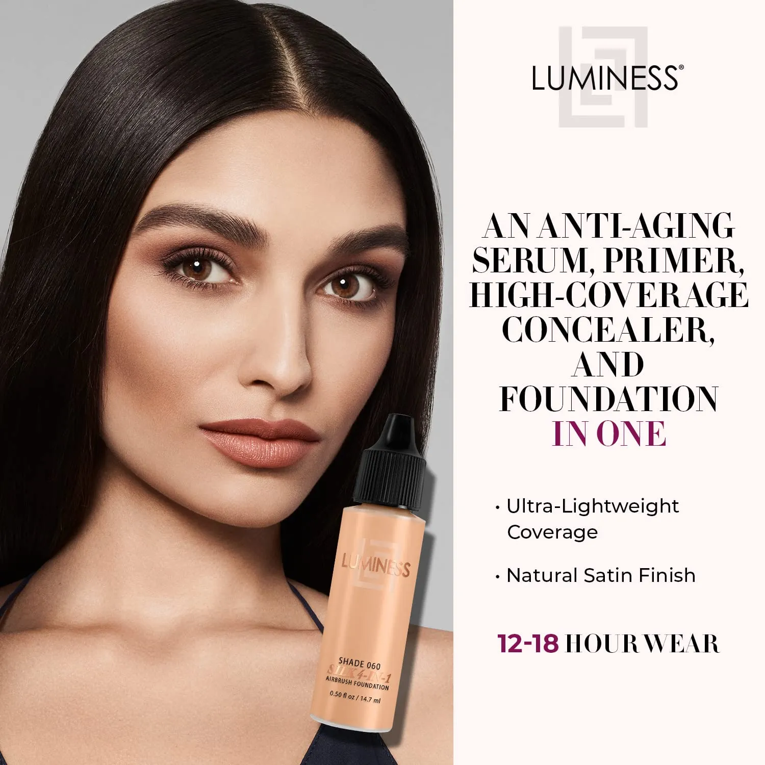 Luminess Air Silk 4-In-1 Airbrush Foundation- Foundation, Shade 060 (.5 Fl Oz) - Sheer to Medium Coverage - Anti-Aging Formula Hydrates and Moisturizes - Professional Makeup Kit for Cordless Air Brush