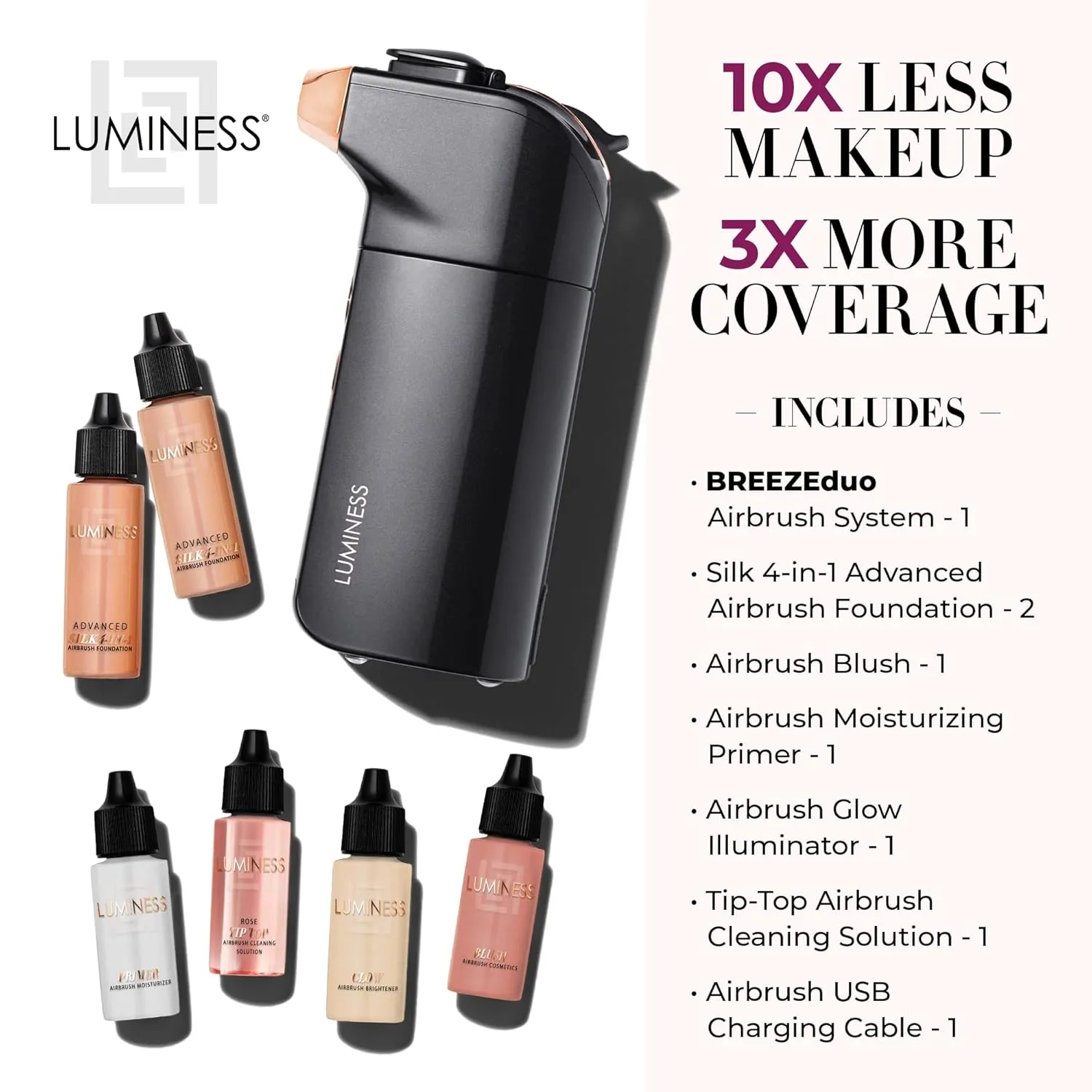 Luminess BREEZE DUO Airbrush Makeup System, Medium Coverage – 9-Piece Kit includes 2x Silk Airbrush Foundation, Soft Rose Blush, Glow Highlighter, Moisturizer Primer, and Airbrush Cleaning Solution