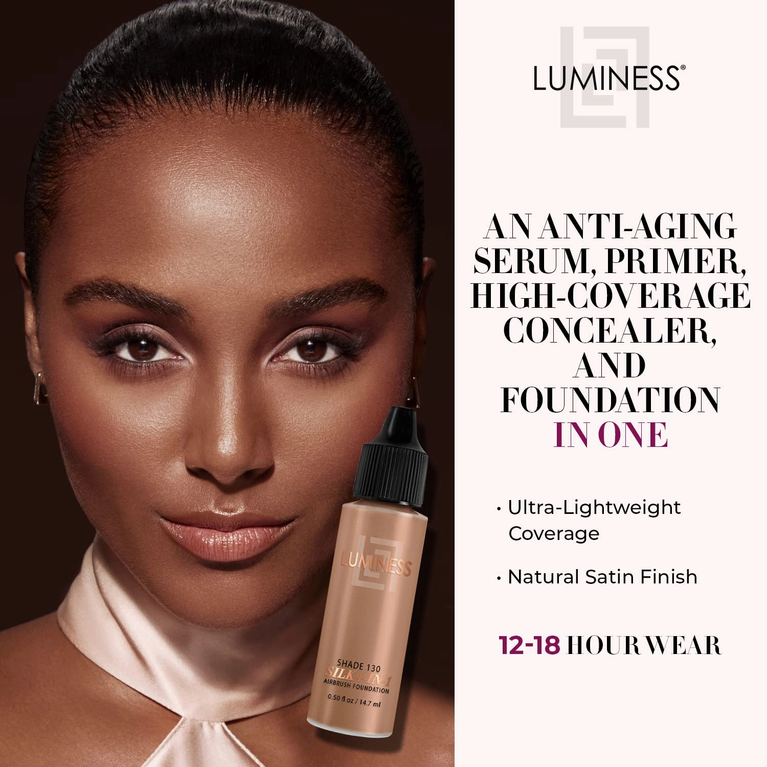 Luminess Air Silk 4-In-1 Airbrush Foundation- Foundation, Shade 130 (.5 Fl Oz) - Sheer to Medium Coverage - Anti-Aging Formula Hydrates and Moisturizes - Professional Makeup Kit for Cordless Air Brush