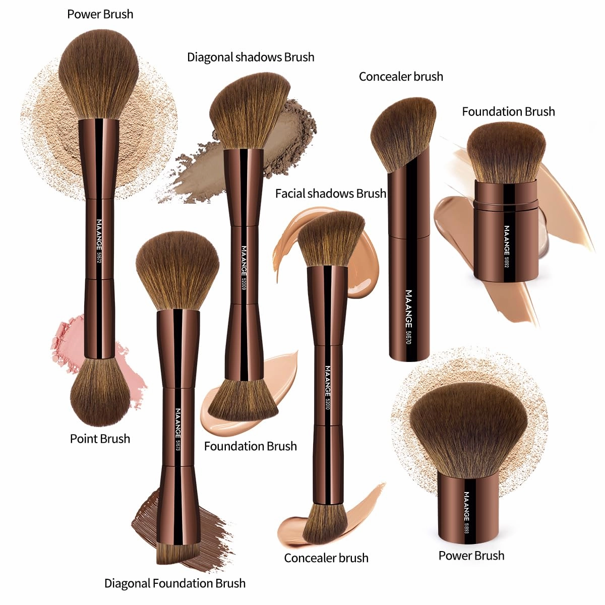 MAANGE 7pcs Makeup Brush Set Double Sided Kabuki Makeup Brushes Contour Brush for Foundation Liquid Powder Concealer Cream Cosmetics Bronzer Blending Blush Buffing Makeup Tools (Brown)