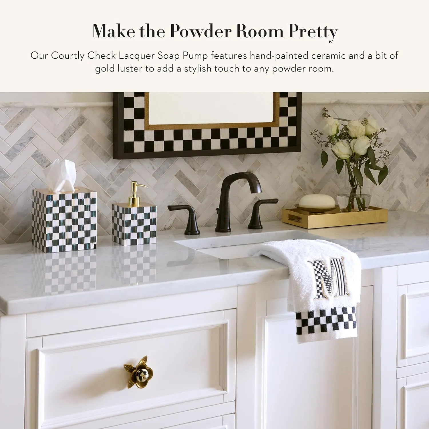 MACKENZIE-CHILDS Lacquer Soap Pump Dispenser, Decorative Liquid-Soap Dispenser for Bathroom or Kitchen, Black-and-White Courtly Check