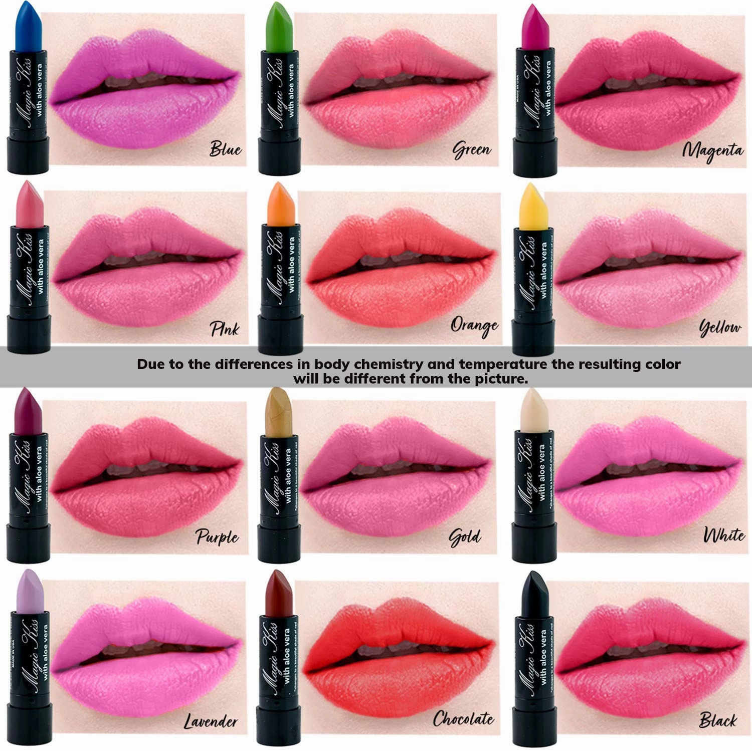 Magic Kiss Pack of 12 Color Changing Aloe Vera Lipstick set, MADE IN USA (Green)