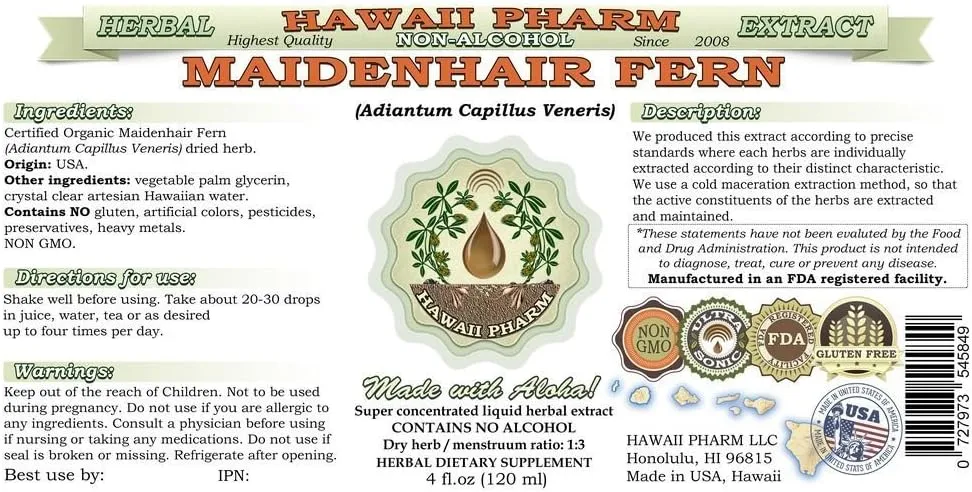 Maidenhair Fern Alcohol-Free Liquid Extract, Maidenhair Fern (Adiantum Capillus Veneris) Dried Herb Glycerite Natural Herbal Supplement, Hawaii Pharm, USA 2 oz