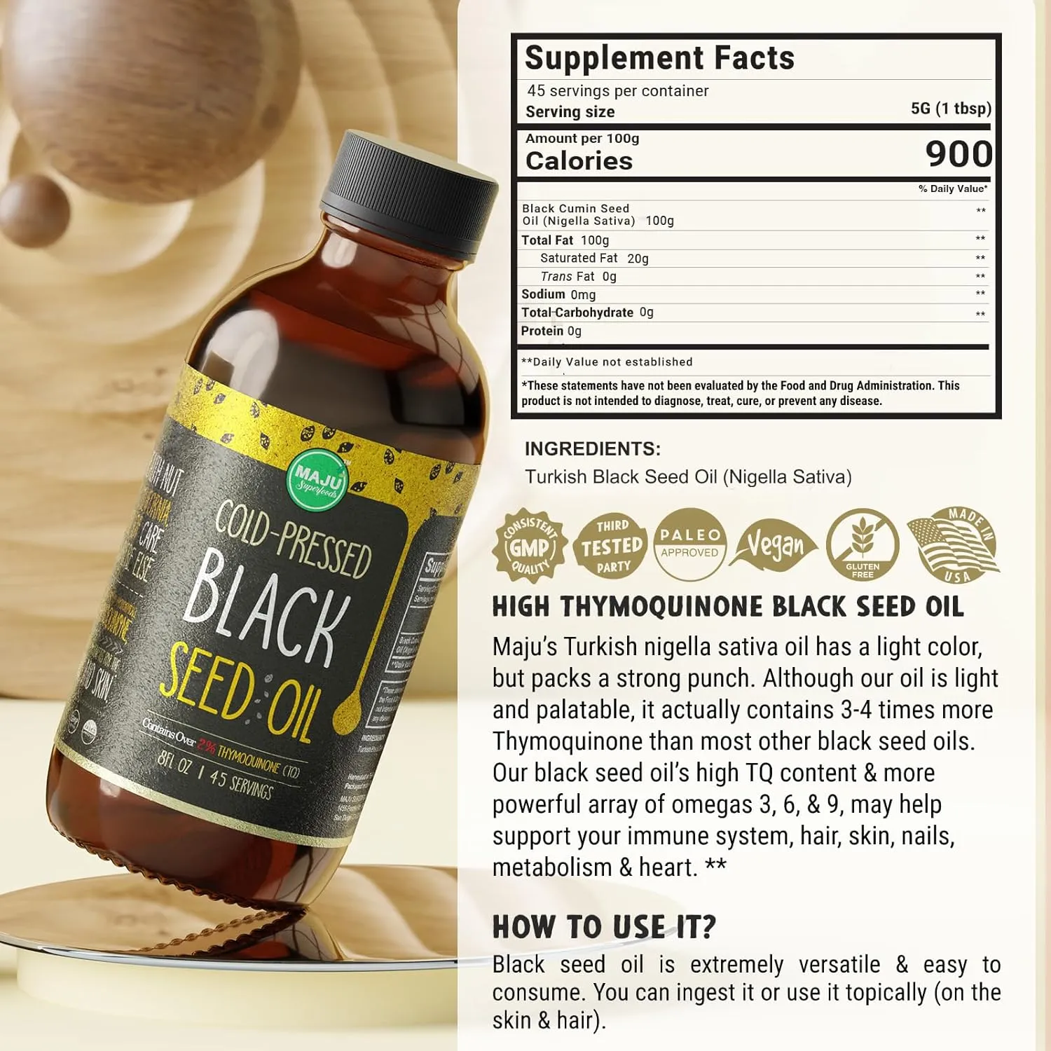 MAJU Black Seed Oil - 3 Times Thymoquinone, Cold-Pressed, 100% Turkish Black Cumin Seed Oil, Liquid Pure Blackseed Oil, Glass Bottle, 8 oz