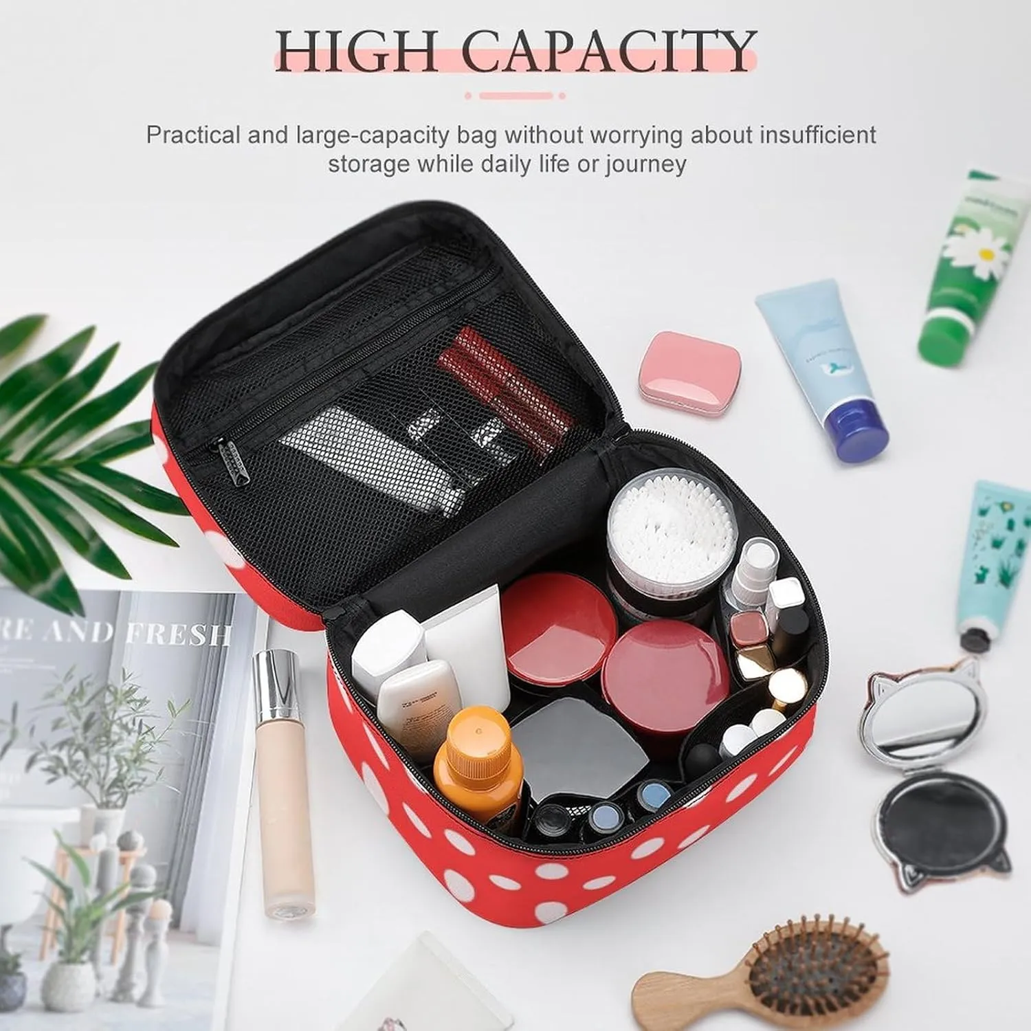 Makeup Bag, Coral White Polka Dots Travel Cosmetic Bag Makeup Organizer Case Large Capacity Portable Zipper Toiletry Bag for Women