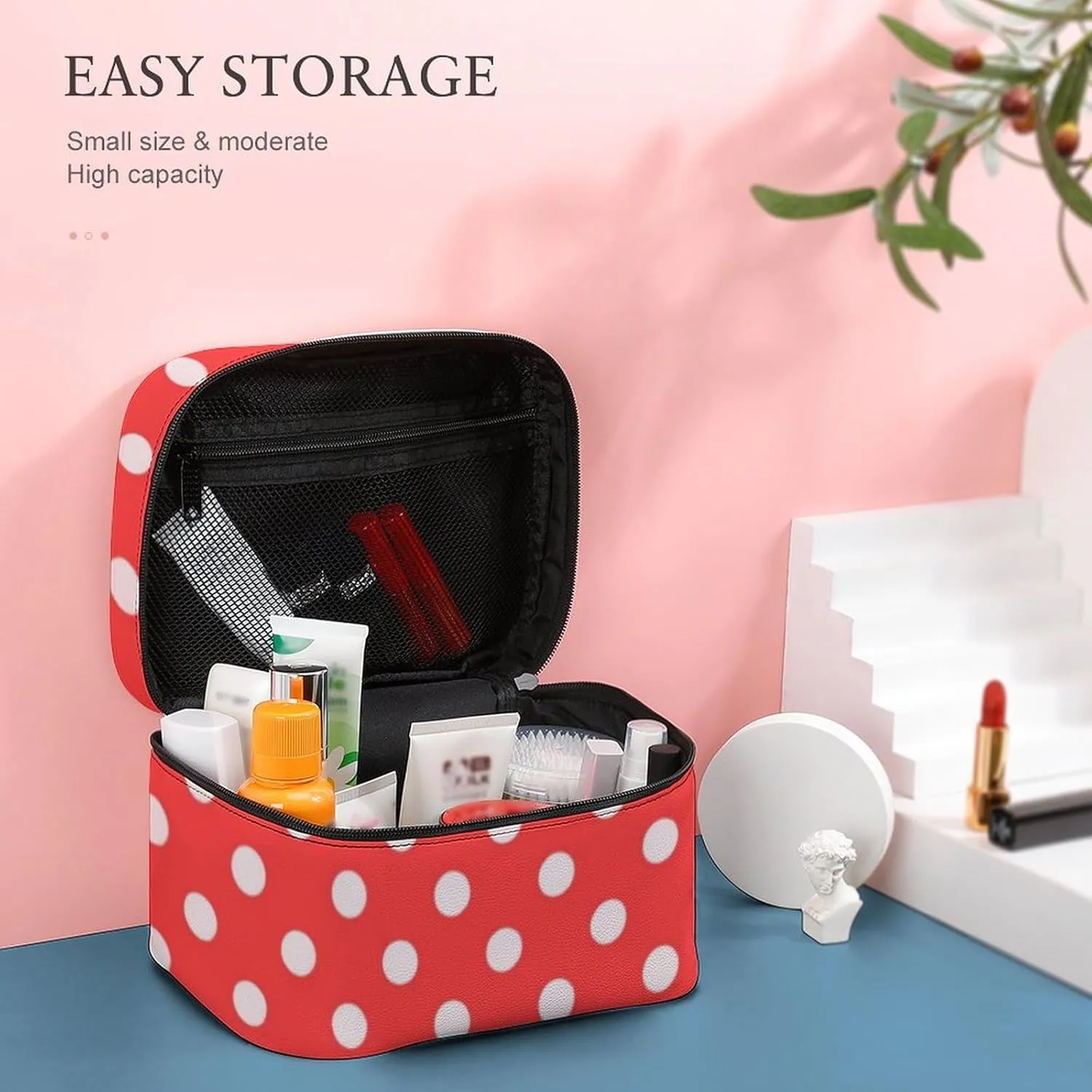 Makeup Bag, Coral White Polka Dots Travel Cosmetic Bag Makeup Organizer Case Large Capacity Portable Zipper Toiletry Bag for Women