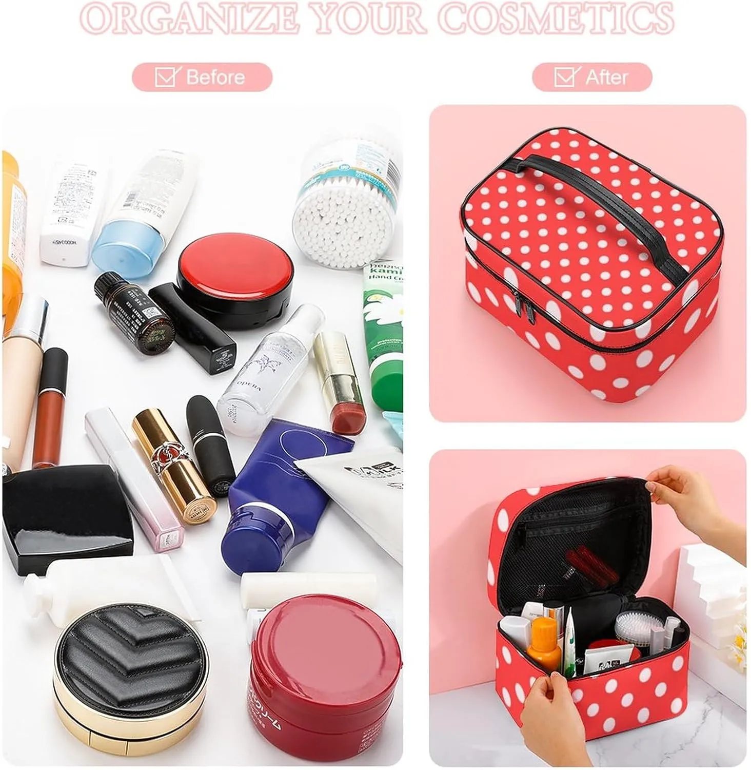 Makeup Bag, Coral White Polka Dots Travel Cosmetic Bag Makeup Organizer Case Large Capacity Portable Zipper Toiletry Bag for Women